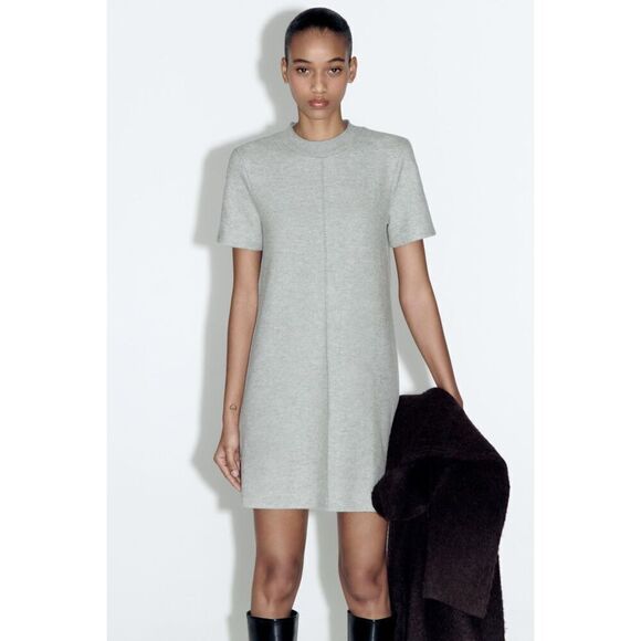 ZARA Short Sleeve Soft Mini Shift Dress In Gray - Picture 1 of 13